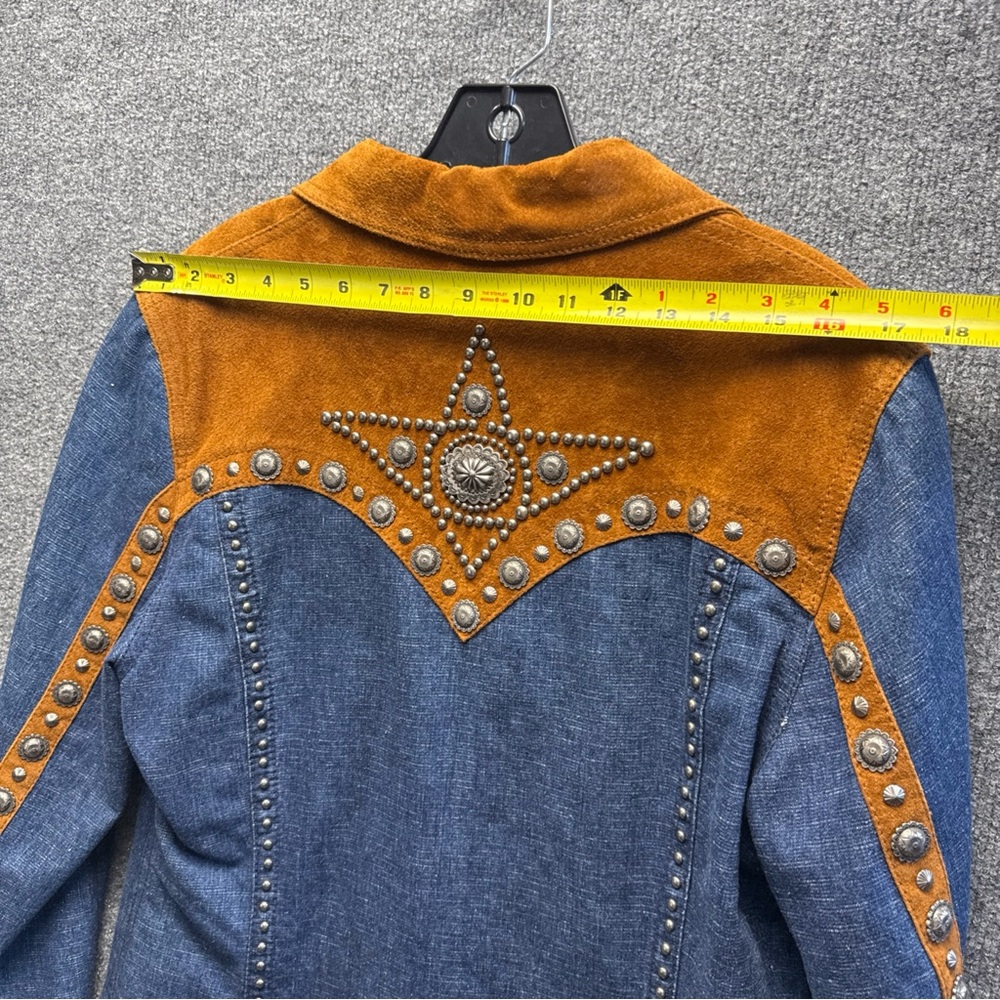 Stunning Cripple Creek Brown Leather Jacket w/ heavy Blue Jean Fabric & Conchos - Picture 16 of 16